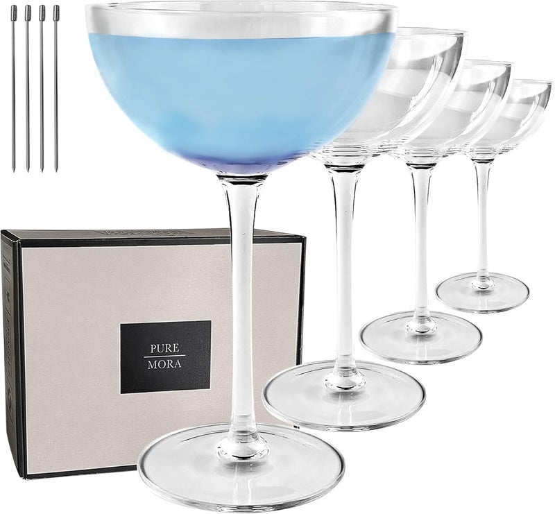 Mora PURE The Lyra Coupe Glass Set of 4, 7oz Handblown Premium Crystal Classic Cocktail Glasses for Martini, Champagne, Mixology, Home Bar, Fancy Margarita, Gin&Tonic, Drinking, etc. For Mixologists - Image 1