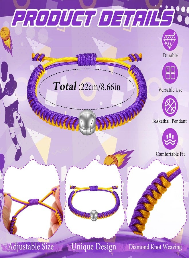 Ecation 6 Pcs Laker Adjustable Basketball Bracelets Gifts Woven Charm Bracelet Braided Rope Bracelet Friendship Bracelets Goodies for Basketball Players(Yellow Purple) - Image 2