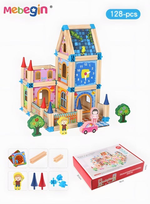 طقم بناء منزل مكون من 128 قطعة، مجموعة مكعبات بناء ملونة، ألعاب مونتيسوري لمرحلة ما قبل المدرسة، ألعاب بناء إبداعية، لعبة ممتعة للوالدين والطفل، سهلة التركيب، هدية مثالية للأطفال