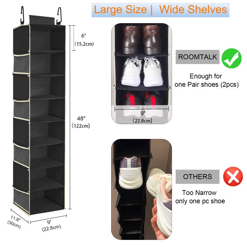 roomtalk Large-Sized Hanging Shoe Organizer 8-Shelf, Hanging Closet Organizer with 8 Side Pockets, Wider Hanging Shelves for Storage Shoes Clothes 9" W Ã— 11.8" DÃ— 48" H, Black. - Image 2