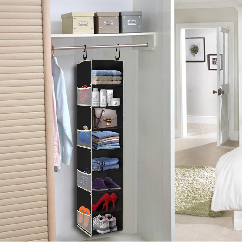 roomtalk Large-Sized Hanging Shoe Organizer 8-Shelf, Hanging Closet Organizer with 8 Side Pockets, Wider Hanging Shelves for Storage Shoes Clothes 9" W Ã— 11.8" DÃ— 48" H, Black. - Image 4