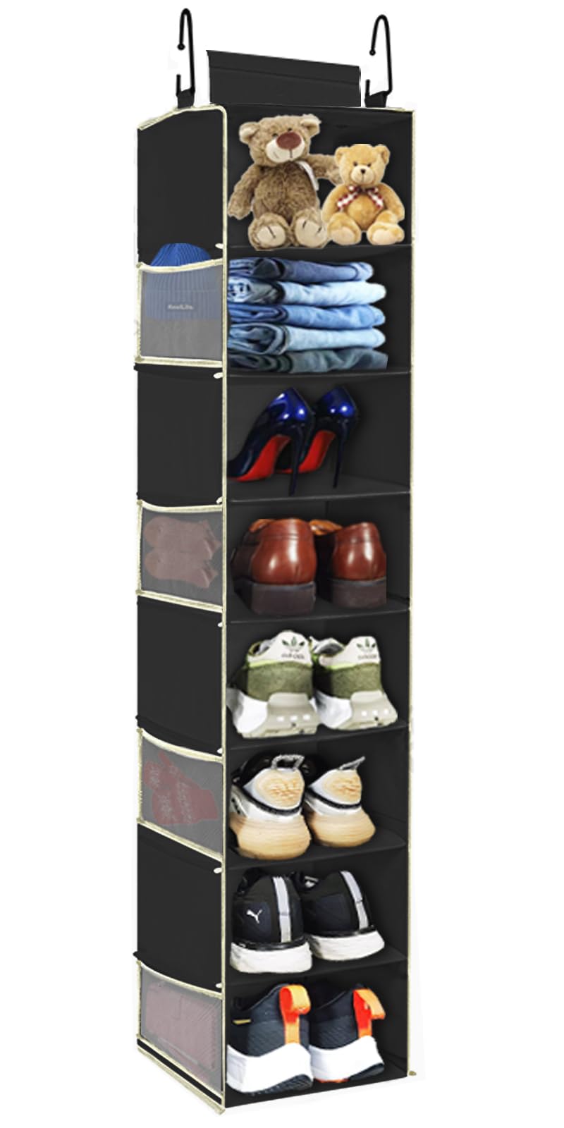 roomtalk Large-Sized Hanging Shoe Organizer 8-Shelf, Hanging Closet Organizer with 8 Side Pockets, Wider Hanging Shelves for Storage Shoes Clothes 9" W Ã— 11.8" DÃ— 48" H, Black. - Image 1