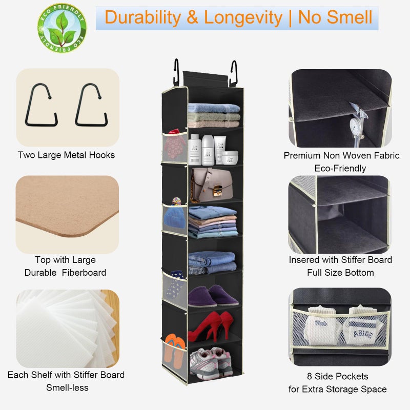 roomtalk Large-Sized Hanging Shoe Organizer 8-Shelf, Hanging Closet Organizer with 8 Side Pockets, Wider Hanging Shelves for Storage Shoes Clothes 9" W Ã— 11.8" DÃ— 48" H, Black. - Image 5