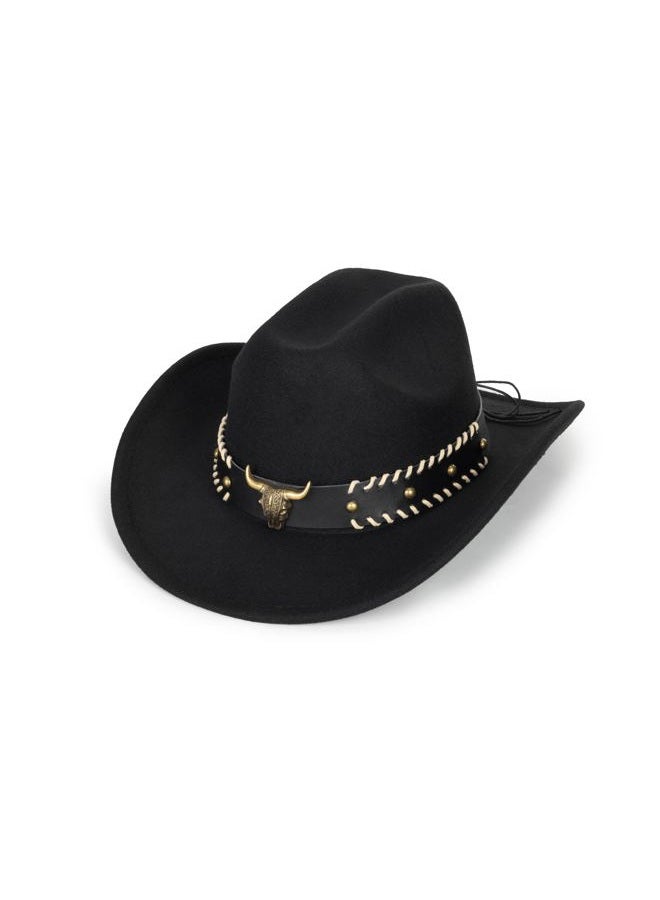 FGSS Cowboy Hats for Women Men - Classic Felt Fedora Caps Rolled-Wide-Brim Western Cowgirl Hats, Black & Bull Head Circle, M - Image 1