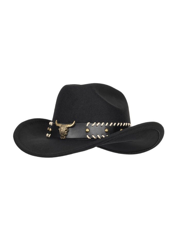 FGSS Cowboy Hats for Women Men - Classic Felt Fedora Caps Rolled-Wide-Brim Western Cowgirl Hats, Black & Bull Head Circle, M - Image 5