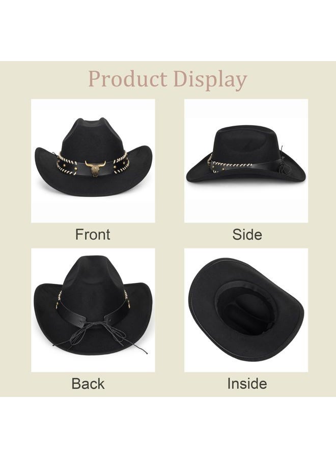 FGSS Cowboy Hats for Women Men - Classic Felt Fedora Caps Rolled-Wide-Brim Western Cowgirl Hats, Black & Bull Head Circle, M - Image 4