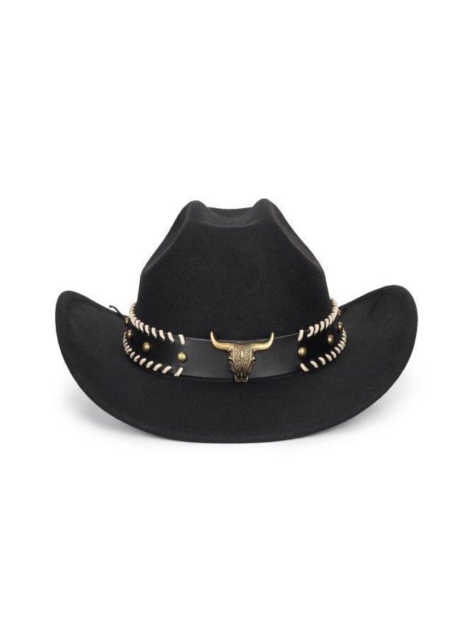 FGSS Cowboy Hats for Women Men - Classic Felt Fedora Caps Rolled-Wide-Brim Western Cowgirl Hats, Black & Bull Head Circle, M - Image 2