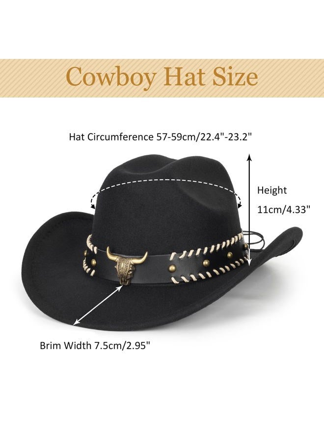 FGSS Cowboy Hats for Women Men - Classic Felt Fedora Caps Rolled-Wide-Brim Western Cowgirl Hats, Black & Bull Head Circle, M - Image 3