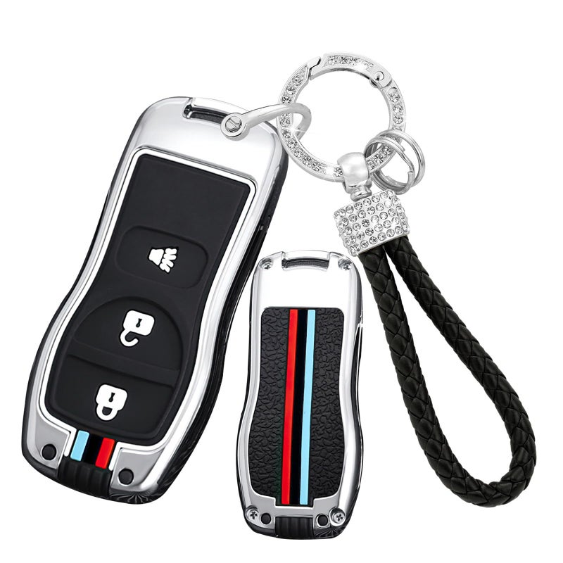 Ysbxitu 3 Buttons Metal Remote Key Fob Cover Fit for Nissan Smart Key Shell Case with Keychain Fit for Nissan Xterra Titan Armada Frontier Quest Sentra Key Protection Cover Bling Chain Silver - Image 2