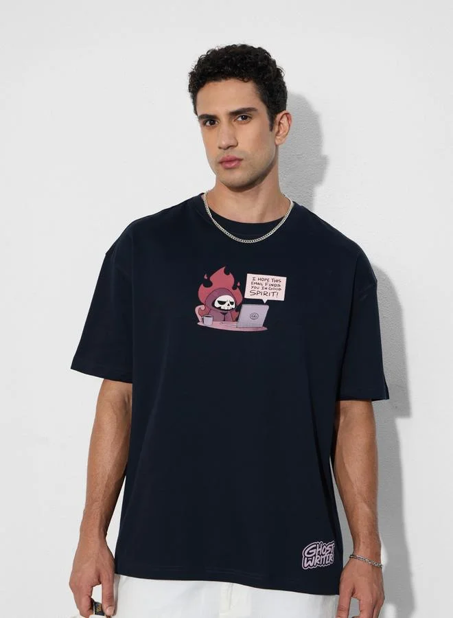 The Souled Store Men Navy Oversized Ghost Writer T-Shirt