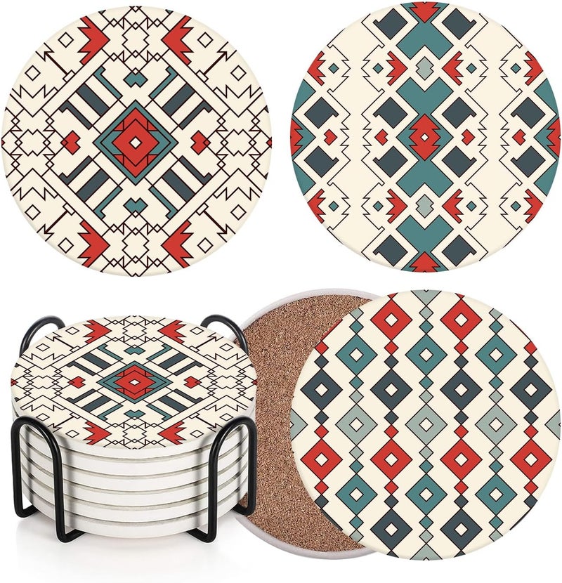 Bribay Coaster for Drinks Set of 6, Geometric Tribal Boho Blue Red Absorbent Round Ceramic Stone Mat, with Cork Base and Metal Holder, Gift for Housewarming Room Bar Decor - Image 1