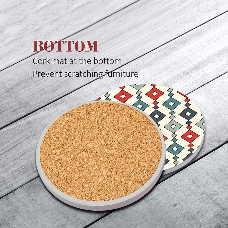 Bribay Coaster for Drinks Set of 6, Geometric Tribal Boho Blue Red Absorbent Round Ceramic Stone Mat, with Cork Base and Metal Holder, Gift for Housewarming Room Bar Decor - Image 2