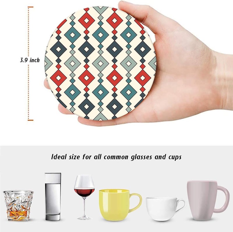Bribay Coaster for Drinks Set of 6, Geometric Tribal Boho Blue Red Absorbent Round Ceramic Stone Mat, with Cork Base and Metal Holder, Gift for Housewarming Room Bar Decor - Image 4