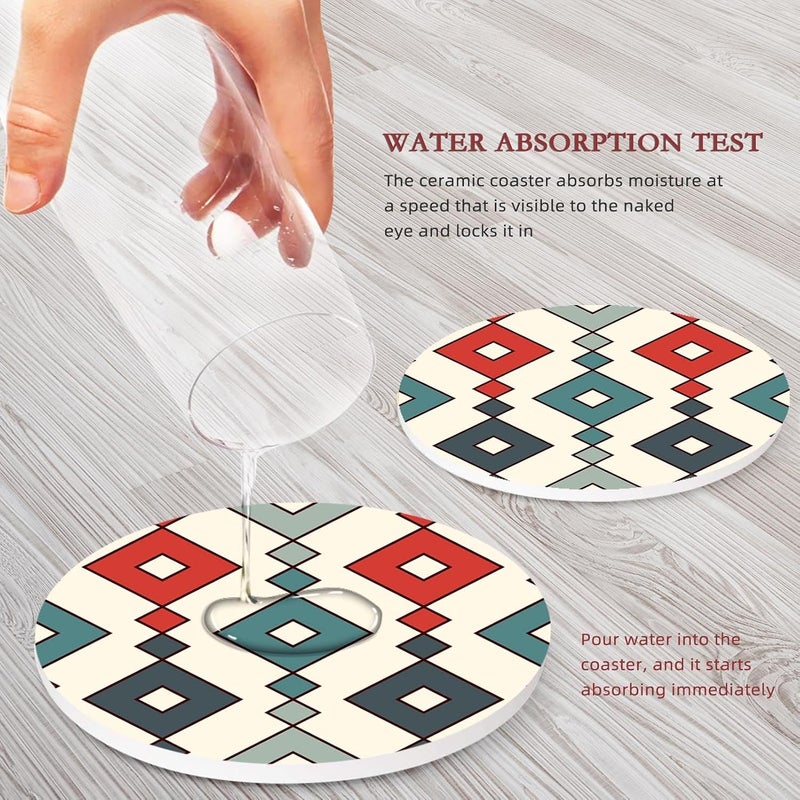 Bribay Coaster for Drinks Set of 6, Geometric Tribal Boho Blue Red Absorbent Round Ceramic Stone Mat, with Cork Base and Metal Holder, Gift for Housewarming Room Bar Decor - Image 3