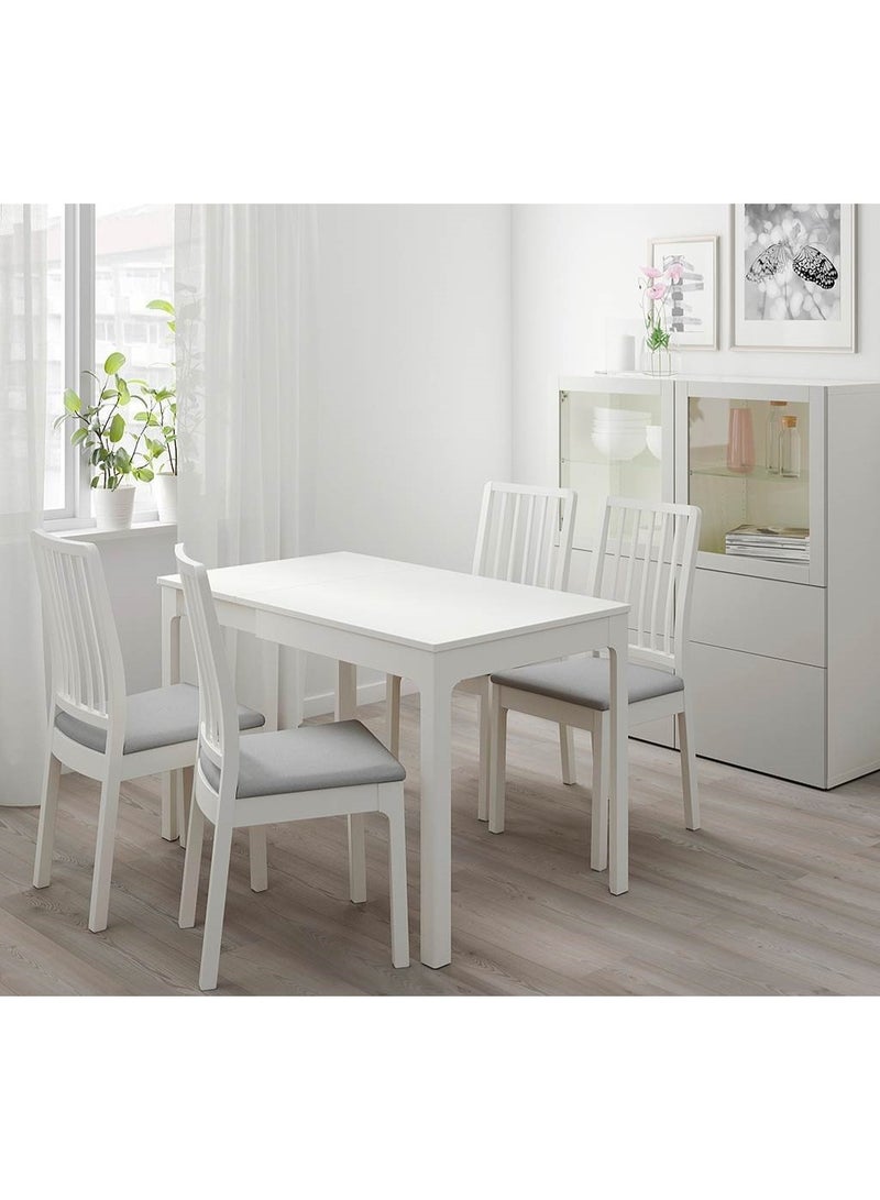 White dining room set - Material: Beech wood - Fabric type: Jaguar - Upholstery type: Foam - Width: 120 cm - Depth: 75 cm - Height: 80 cm - Chair height: 110 cm - Chair depth: 40 cm - Chair width: 50 cm - Number of pieces: 5 - Assembly required