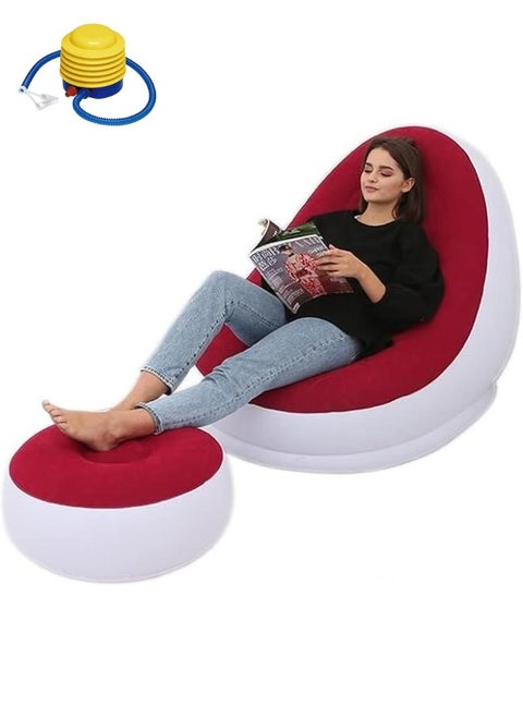 2 in 1 Leisure Inflatable Sofa Set Folding Portable Inflatable Lazy Flocked Recliner with Footrest Perfect for Pop Up Indoor and Outdoor Balcony Backyard Camping Picnic Red