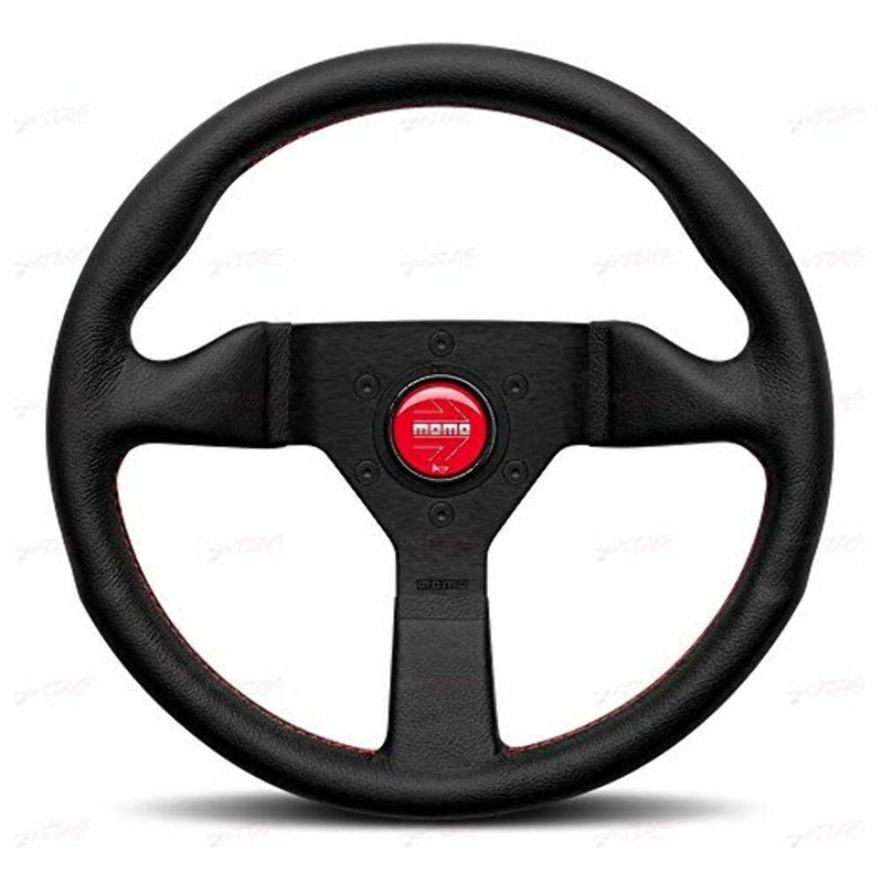 Montecarlo Brushed Black Anodized 320mm Steering Wheel with Red Stitched Black Leather Grip  3 Spoke Design  Universal Fit  Silver Arrow Horn Button  Ultimate Control  Style