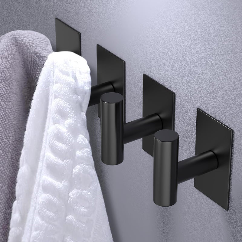 VAEHOLD Wall Towel Hooks, Heavy Duty Sticky Holder Waterproof Towel Hooks for Hanging Coat, Clothes, Closet Hook Wall Mount for Kitchen (Black, 2 Pack) - Image 2