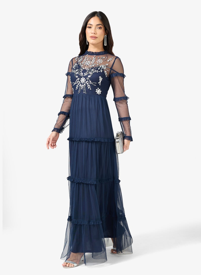 فروك اند فرل فستان ماكسي طويل بأكمام طويلة وشبكة مزينة - Image 4