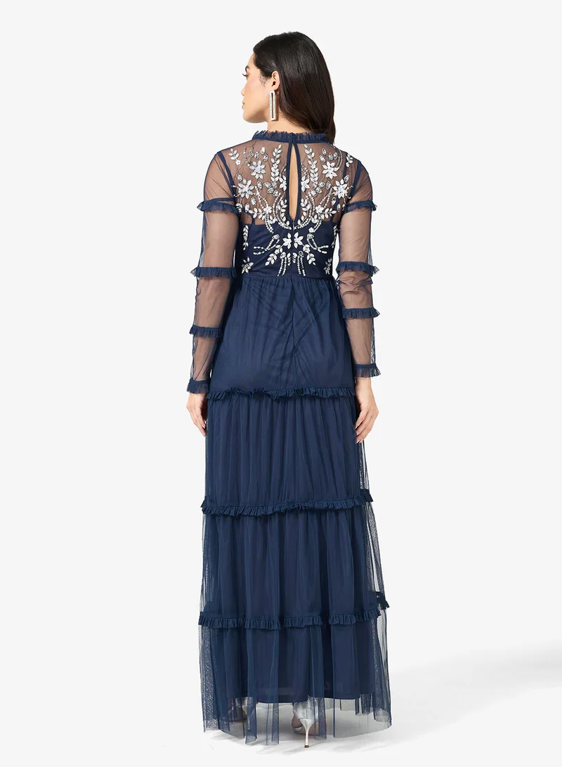 Frock and Frill Embellished Mesh Long Sleeve Maxi Dress