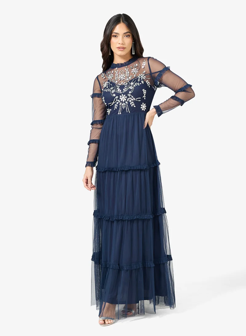 Frock and Frill Embellished Mesh Long Sleeve Maxi Dress