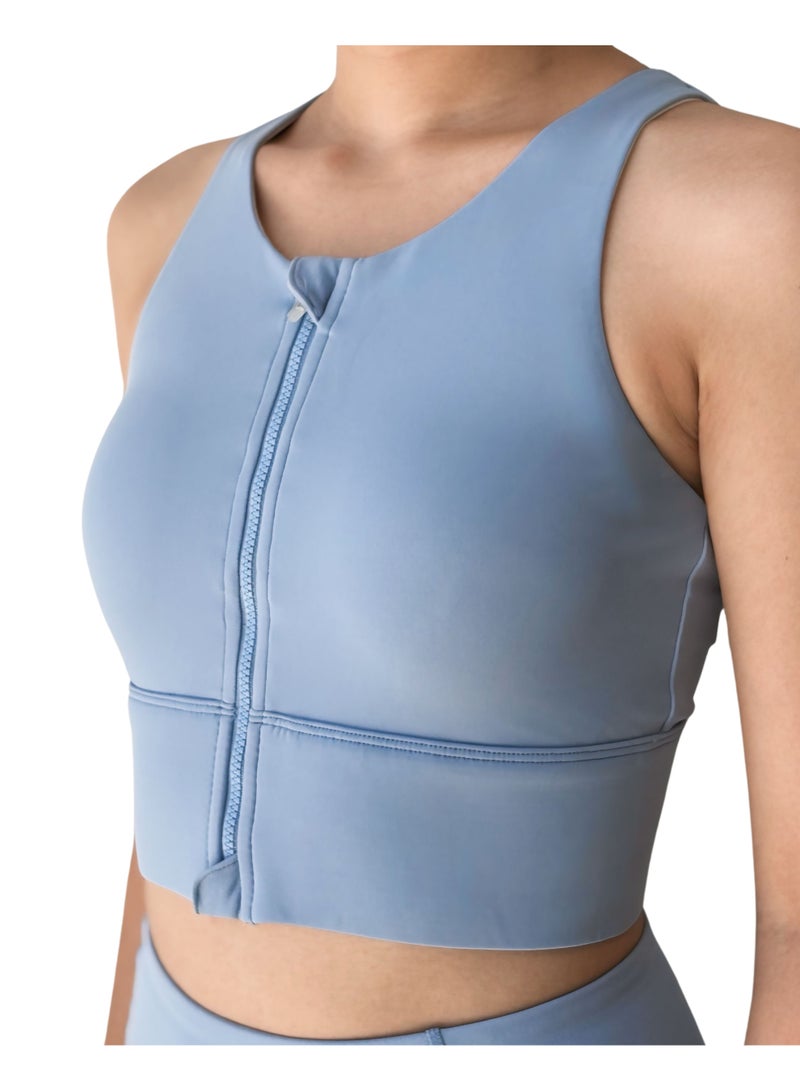 تكس كرافت توب رياضي نسائي قصير بدون خياطة بلون أزرق – بسحاب أمامي مبطن للرياضة واليوغا – قماش قابل للتمدد والتنفس - Image 4