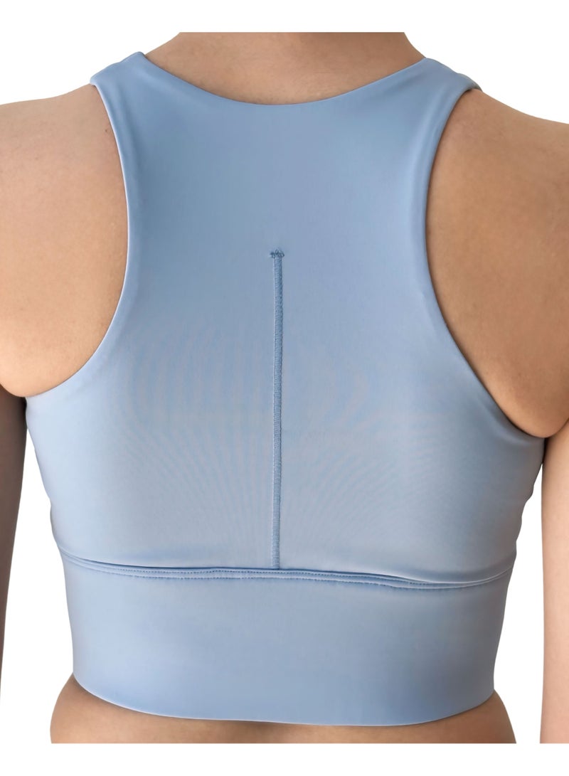 تكس كرافت توب رياضي نسائي قصير بدون خياطة بلون أزرق – بسحاب أمامي مبطن للرياضة واليوغا – قماش قابل للتمدد والتنفس - Image 5