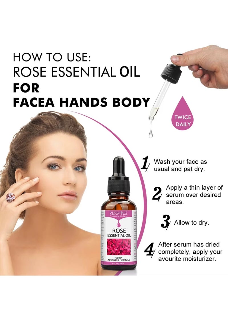 kizenka - Rose Essential Oil Face Rose Oil Moisturizer Rose Oil Anti Ageing and Anti Wrinkle Serum Rose Oil for Face Skin Care Reduce Fine Lines and Skin Marks Face Serum with Rose Extract 30ml - Image 1