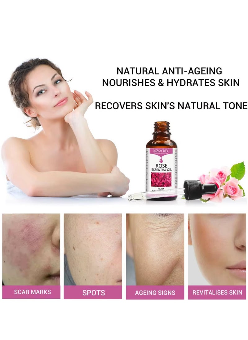 kizenka - Rose Essential Oil Face Rose Oil Moisturizer Rose Oil Anti Ageing and Anti Wrinkle Serum Rose Oil for Face Skin Care Reduce Fine Lines and Skin Marks Face Serum with Rose Extract 30ml - Image 1