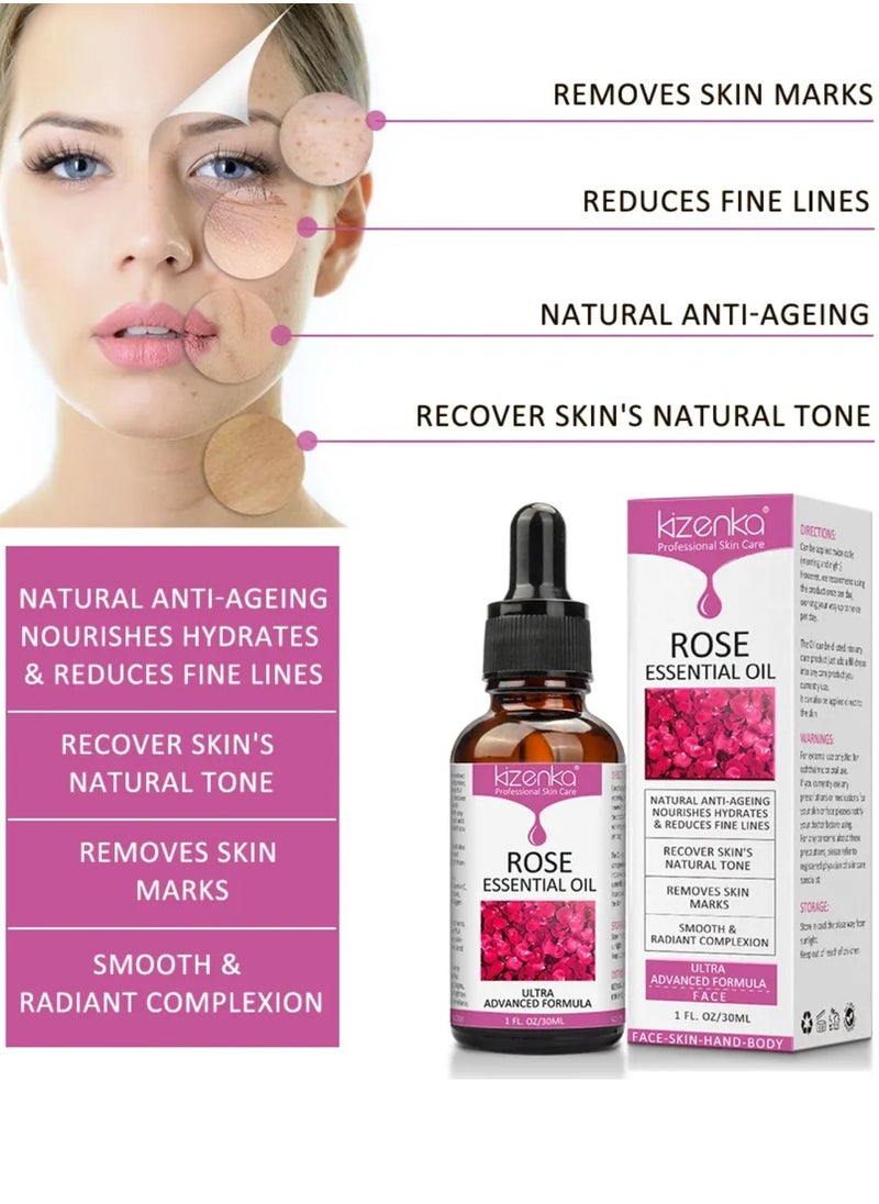 kizenka - Rose Essential Oil Face Rose Oil Moisturizer Rose Oil Anti Ageing and Anti Wrinkle Serum Rose Oil for Face Skin Care Reduce Fine Lines and Skin Marks Face Serum with Rose Extract 30ml - Image 1