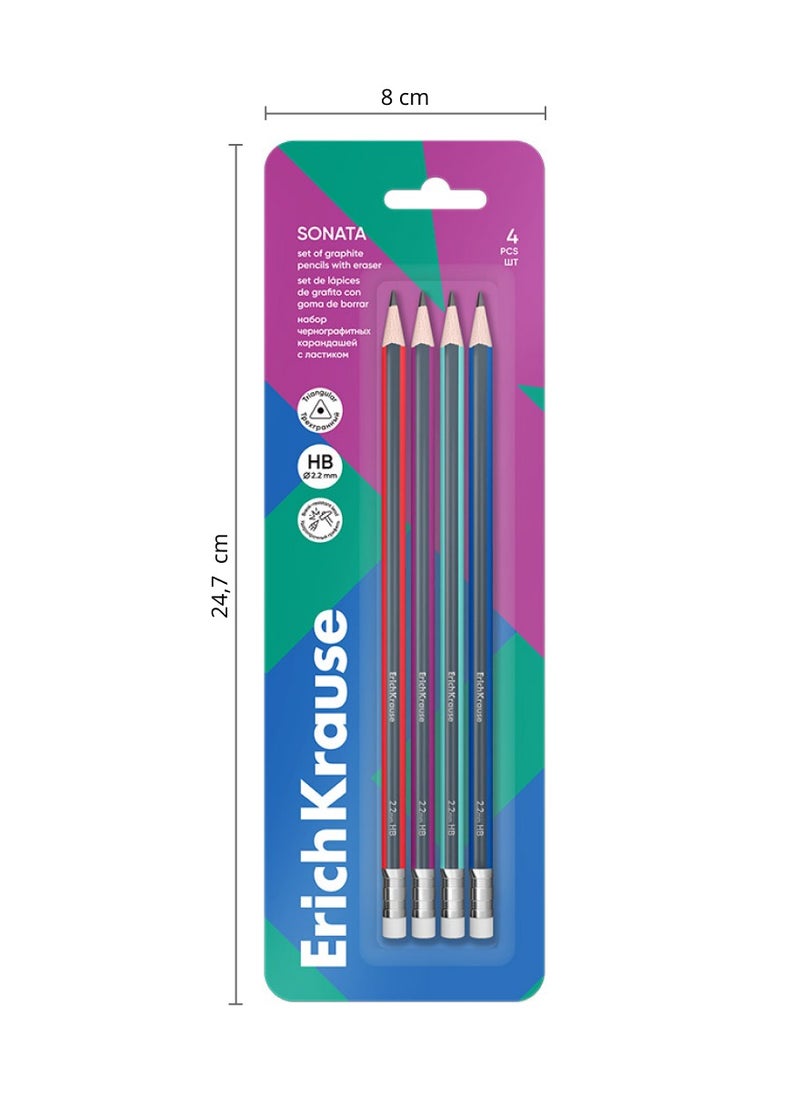 Set of 4 graphite pencils Sonata, triangular, with eraser, HB (in blister)