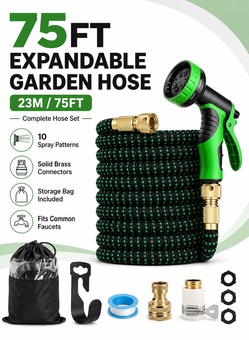 Favarey 75ft Expandable Garden Hose with 10-Function Nozzle, Solid Brass Connectors, and Storage Bag - No-Kink Flexible Water Hose for Garden, Car, and Pet Cleaning - Image 2