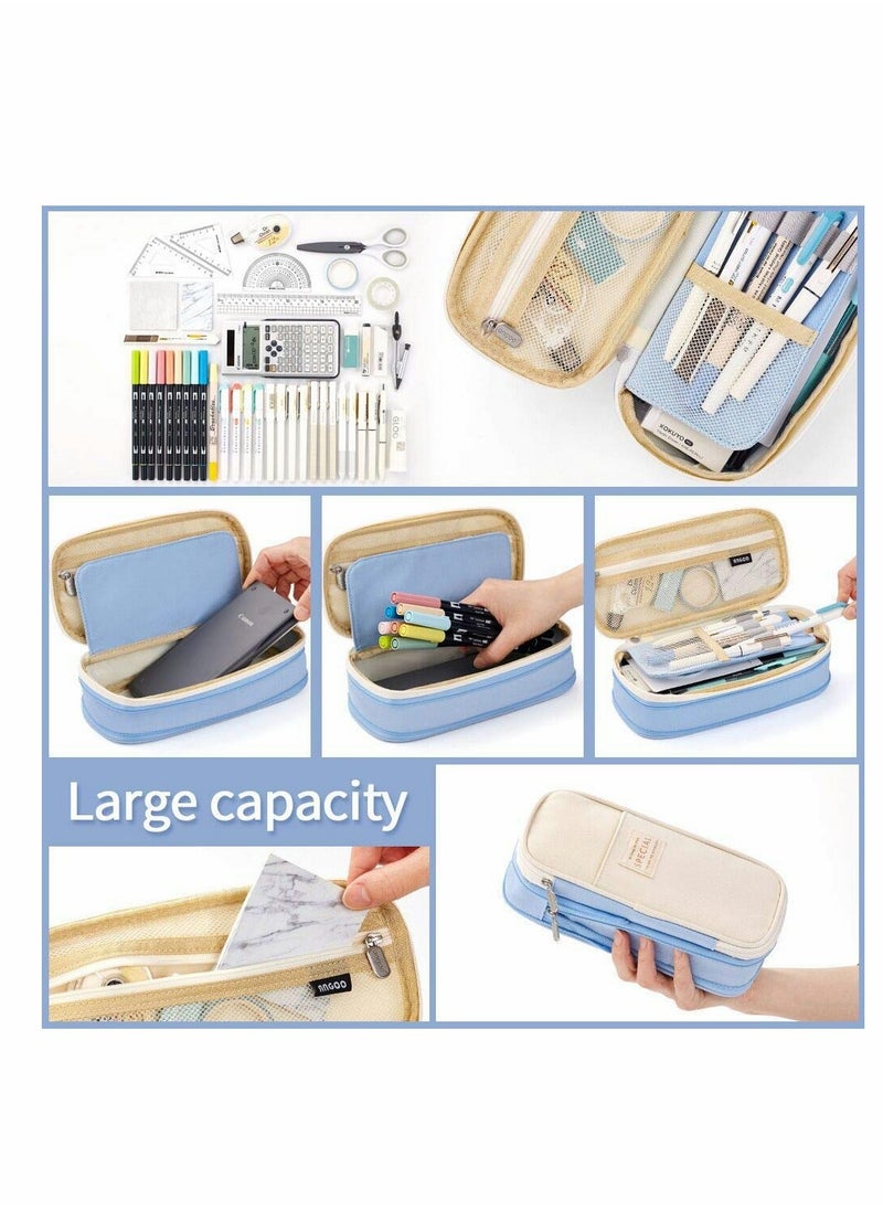KASTWAVE - Big Capacity Pencil Pen Case, Office College School Large Storage High Capacity Bag Pouch Holder Box Organizer Light, (Blue) - Image 1