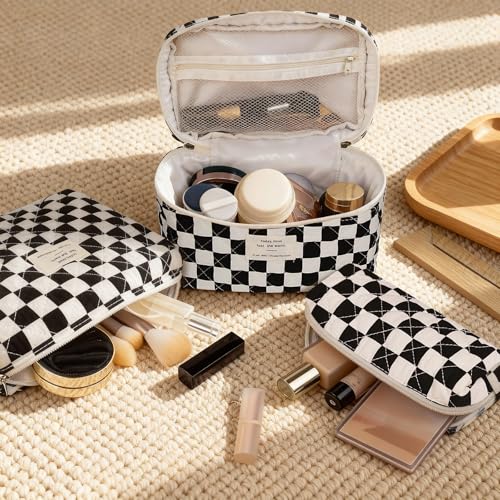 Gosect Makeup Bag Set Quilted Makeup Bag Large Floral Cosmetic Bag for Women Cute Cotton Makeup Bags Flower Travel Toiletry Organizer Bag Black Checkered - Image 3