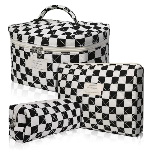 Gosect Makeup Bag Set Quilted Makeup Bag Large Floral Cosmetic Bag for Women Cute Cotton Makeup Bags Flower Travel Toiletry Organizer Bag Black Checkered - Image 1