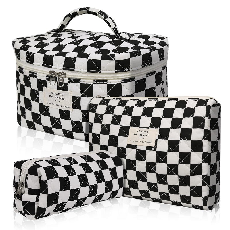 Gosect Makeup Bag Set Quilted Makeup Bag Large Floral Cosmetic Bag for Women Cute Cotton Makeup Bags Flower Travel Toiletry Organizer Bag Black Checkered - Image 2
