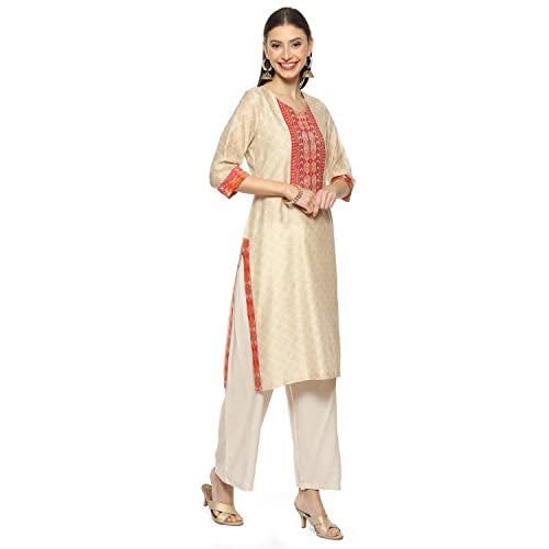 Biba WOMEN PRINTED STRAIGHT SALWAR KURTA DUPATTA(SKDPHULKARI8481_BEIGE_34) - Image 3