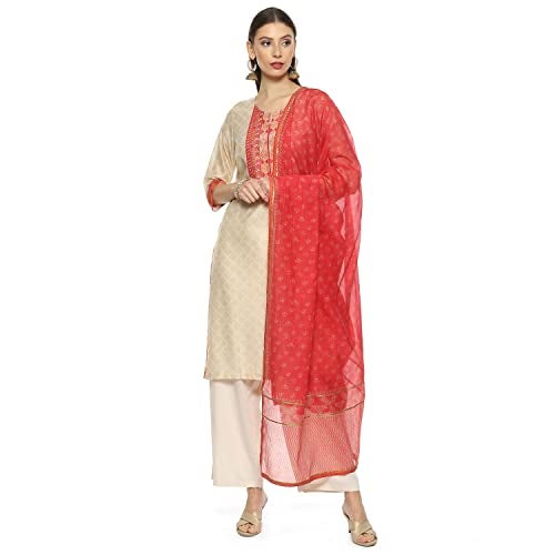 Biba WOMEN PRINTED STRAIGHT SALWAR KURTA DUPATTA(SKDPHULKARI8481_BEIGE_34) - Image 1