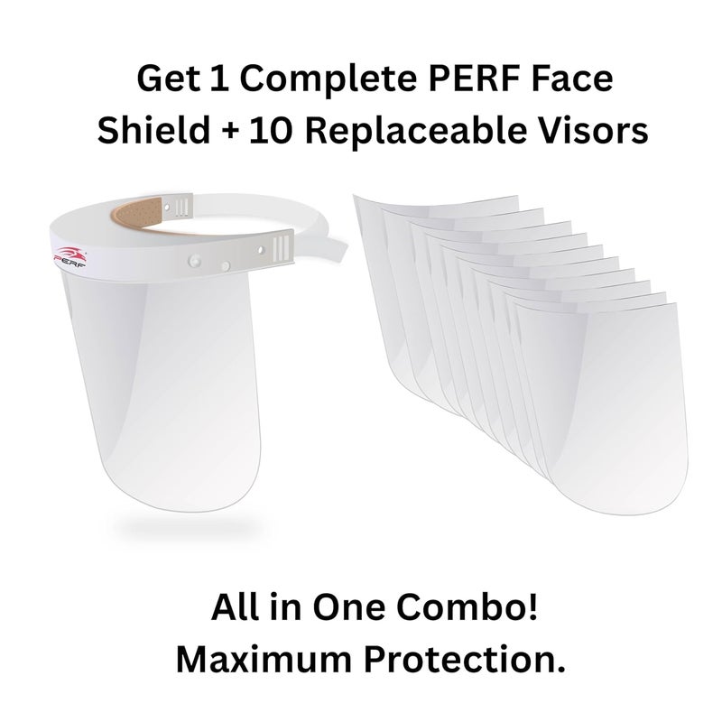 Perf Face Shield | High-Impact Resistant Polycarbonate Visor | Comfortable Adjustable Elastic Band with Replaceable Polycarbonate Visor (One Complete Face Shield + 10 Replaceable Visors) - Image 2