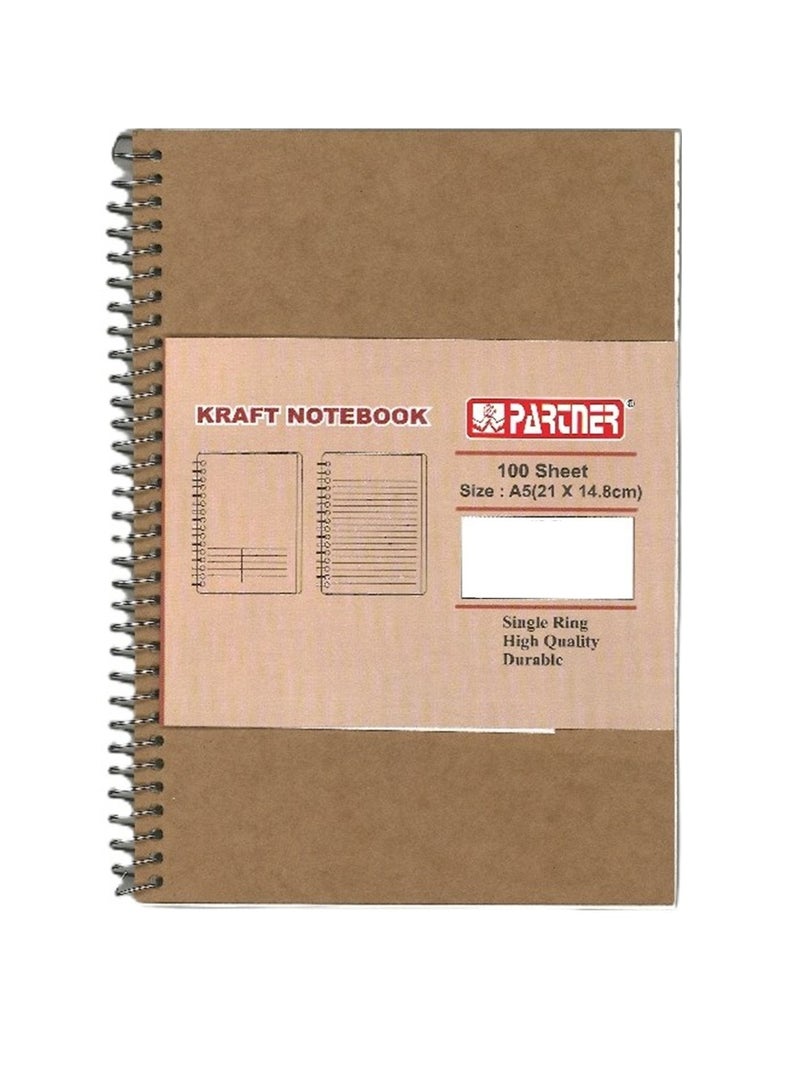 PARTNER 1-Piece A5 Size Spiral Binded Ruled Notebook 100 Sheets Kraft Brown Cover Cream Sheets - Image 1