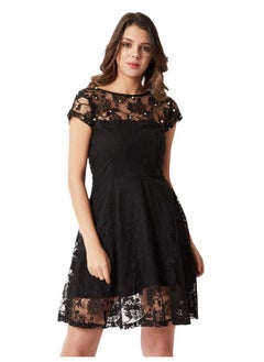 Miss Chase Miss Chase Women's Designer Black Round Neck Cap Sleeves Lace Solid Embellished Mini Skater Dress with Zip Closure(MCAW18D10-94-62-03, Black, Small)  - Image 1