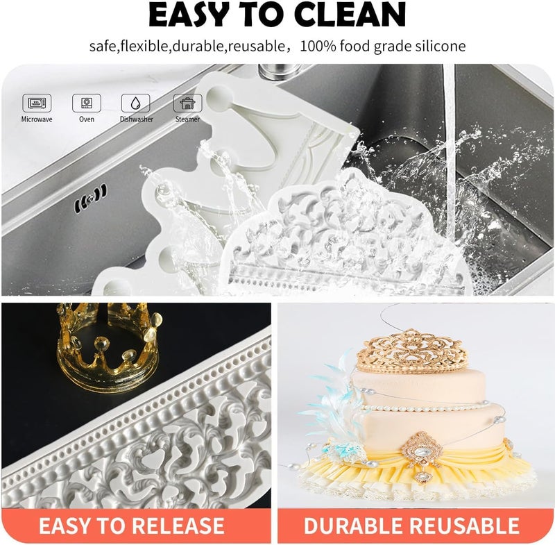 قوالب كعكة فندان على شكل تاج ، قالب من السيليكون على شكل تاج مصنوع من السكر على الطراز الباروكي لتزيين الكب كيك بنفسك لتزيين كعكة الشوكولاتة والمعجنات والصلصال - Image 2