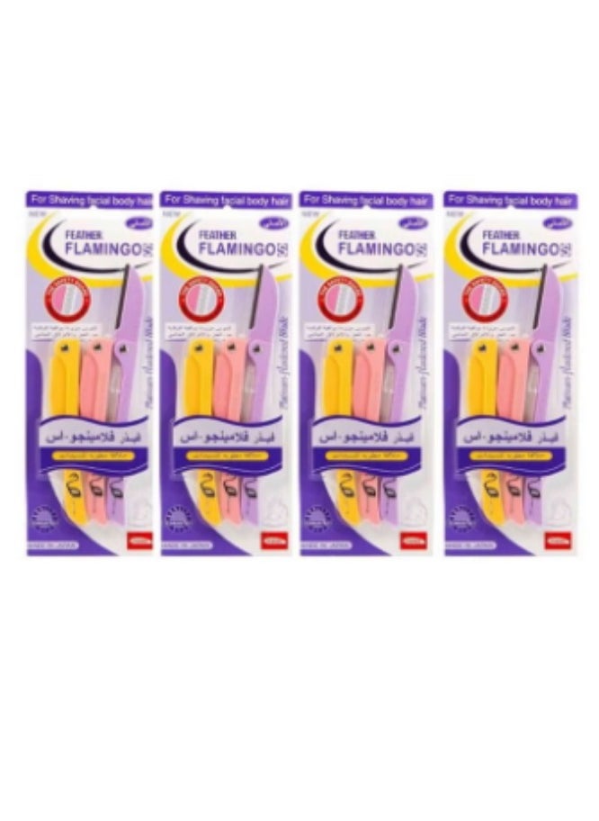 Feather Pack Of 4 Flamingo Facial Touch-Up Razor Yellow/Pink/Purple  - Image 1
