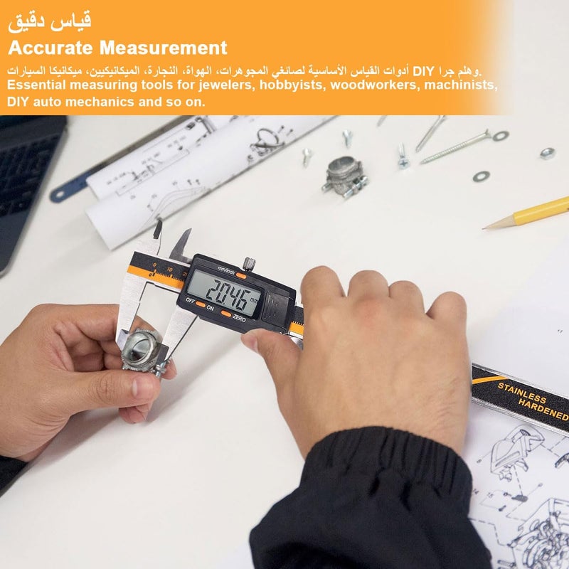 Cestbella Digital Vernier Caliper 0-6"/0-150mm Caliper Measuring Tool with LCD Screen Inch MM Fraction Conversion Stainless Steel Auto-Off Electronic Micrometer Caliper for Inside Outside Depth Step Measurement - Image 2
