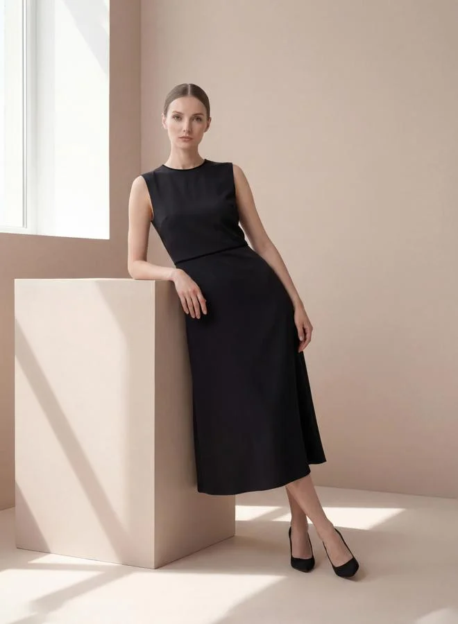 Mish Black Sleeveless Flared Midi Dress