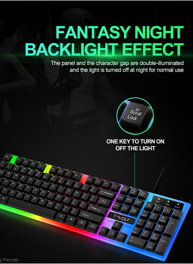 T-WOLF - Gaming Keyboard Mouse Combo Rainbow LED Backlit Ambient Light Illuminated Character Wired USB Keyboard Mice Compatible with Windows XP/7/10 MacBook PS4 PS5 Xbox one Value Combo Set - Image 1