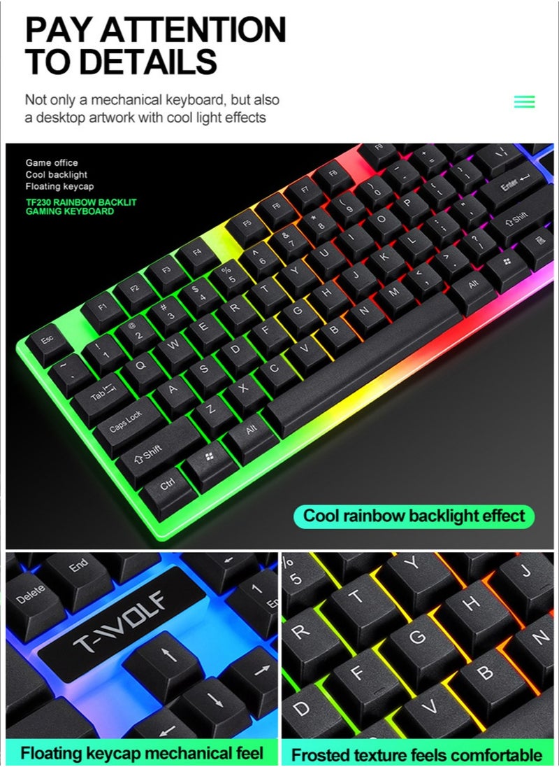 T-WOLF - Gaming Keyboard Mouse Combo Rainbow LED Backlit Ambient Light Illuminated Character Wired USB Keyboard Mice Compatible with Windows XP/7/10 MacBook PS4 PS5 Xbox one Value Combo Set - Image 1