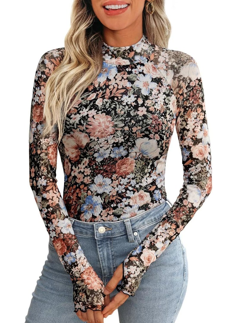 general Dealmore Lace Sheer Long Sleeve Floral Mesh Mockneck Trendy Cute Going Out Tops for Women Fall Fashion Outfits 2025-2026 Clothes - Image 1
