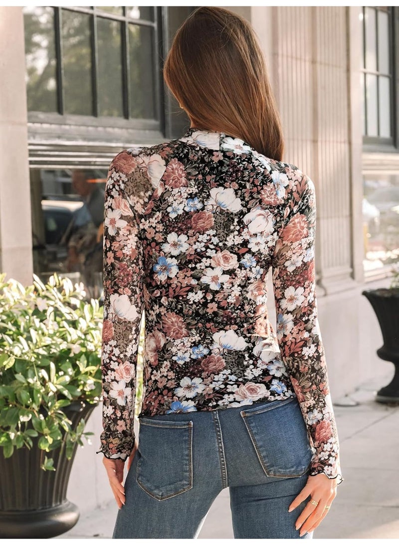 general Dealmore Lace Sheer Long Sleeve Floral Mesh Mockneck Trendy Cute Going Out Tops for Women Fall Fashion Outfits 2025-2026 Clothes - Image 2