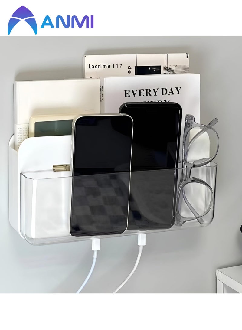 Anmi Adhesive Remote Control Holder Wall Mounted Phone Charging Holder Universal Controller Holder Wall Mount Storage Organizer Box No Drilling Home Office Desk (Bedside Shelf) - Image 1